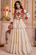 Cream Cotton Kachchi Work Peplum Style Flared Lehenga