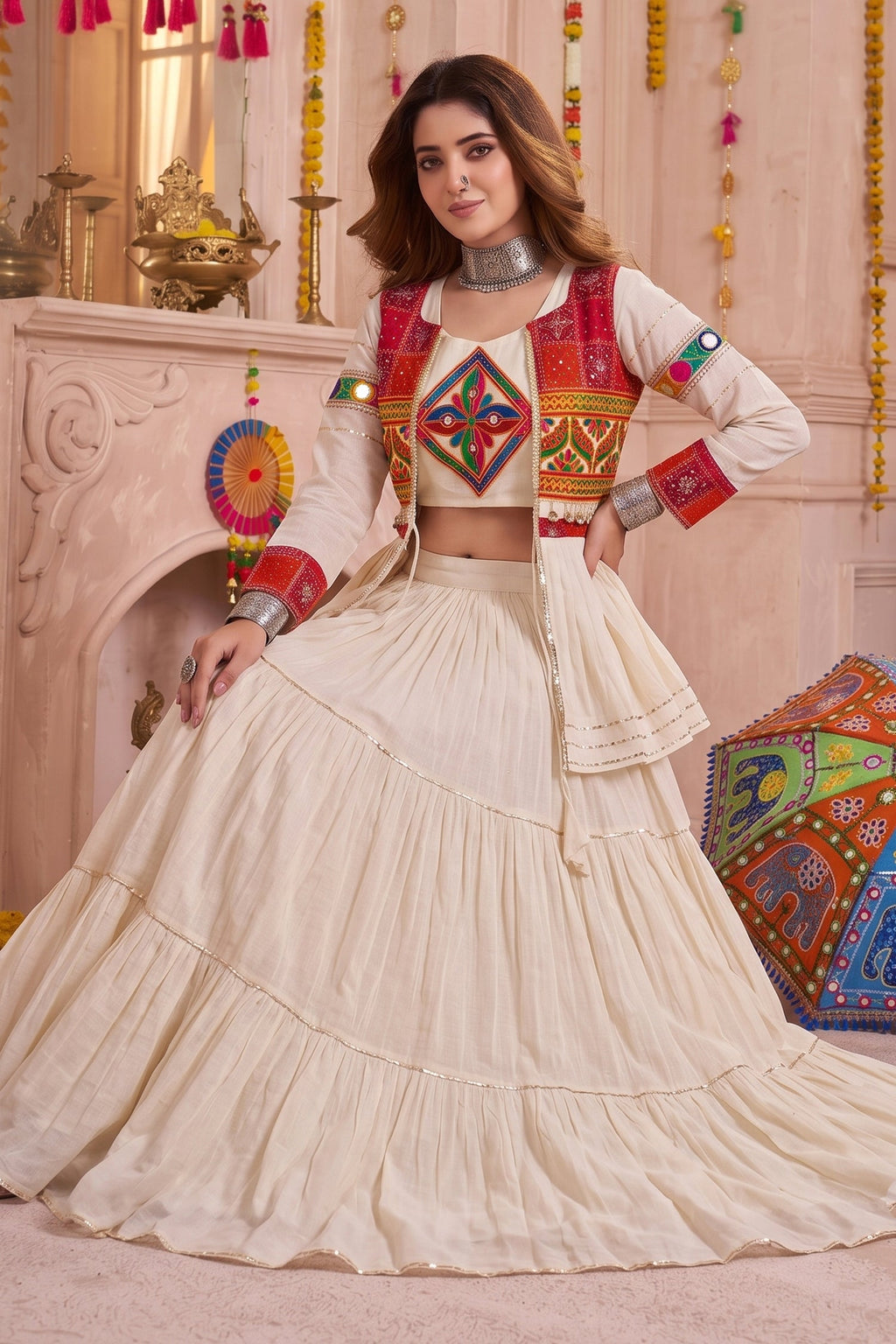 Cream Cotton Kachchi Work Peplum Style Flared Lehenga