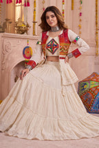 Cream Cotton Kachchi Work Peplum Style Flared Lehenga