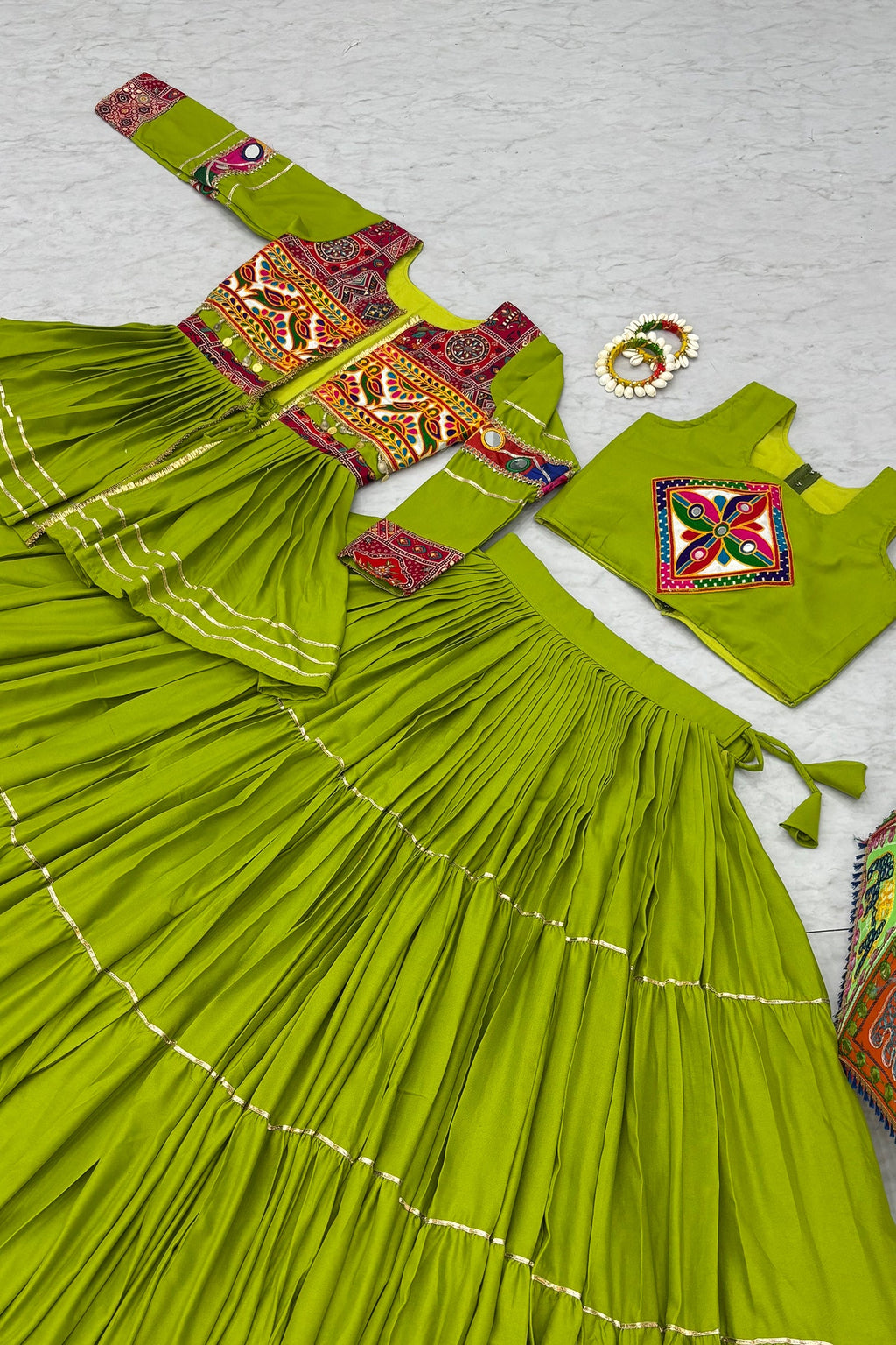 Parrot Green Cotton Kachchi Work Peplum Style Flared Lehenga