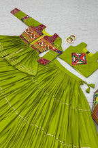 Parrot Green Cotton Kachchi Work Peplum Style Flared Lehenga