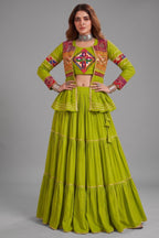 Parrot Green Cotton Kachchi Work Peplum Style Flared Lehenga