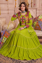 Parrot Green Cotton Kachchi Work Peplum Style Flared Lehenga