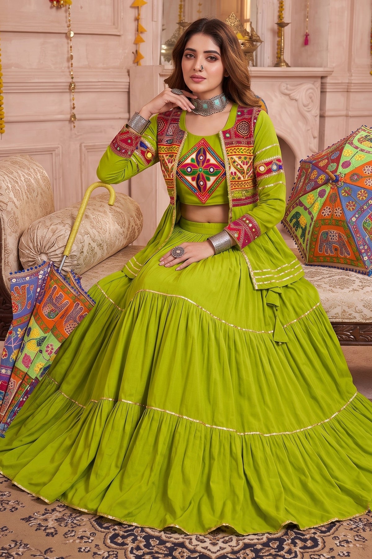 Parrot Green Cotton Kachchi Work Peplum Style Flared Lehenga