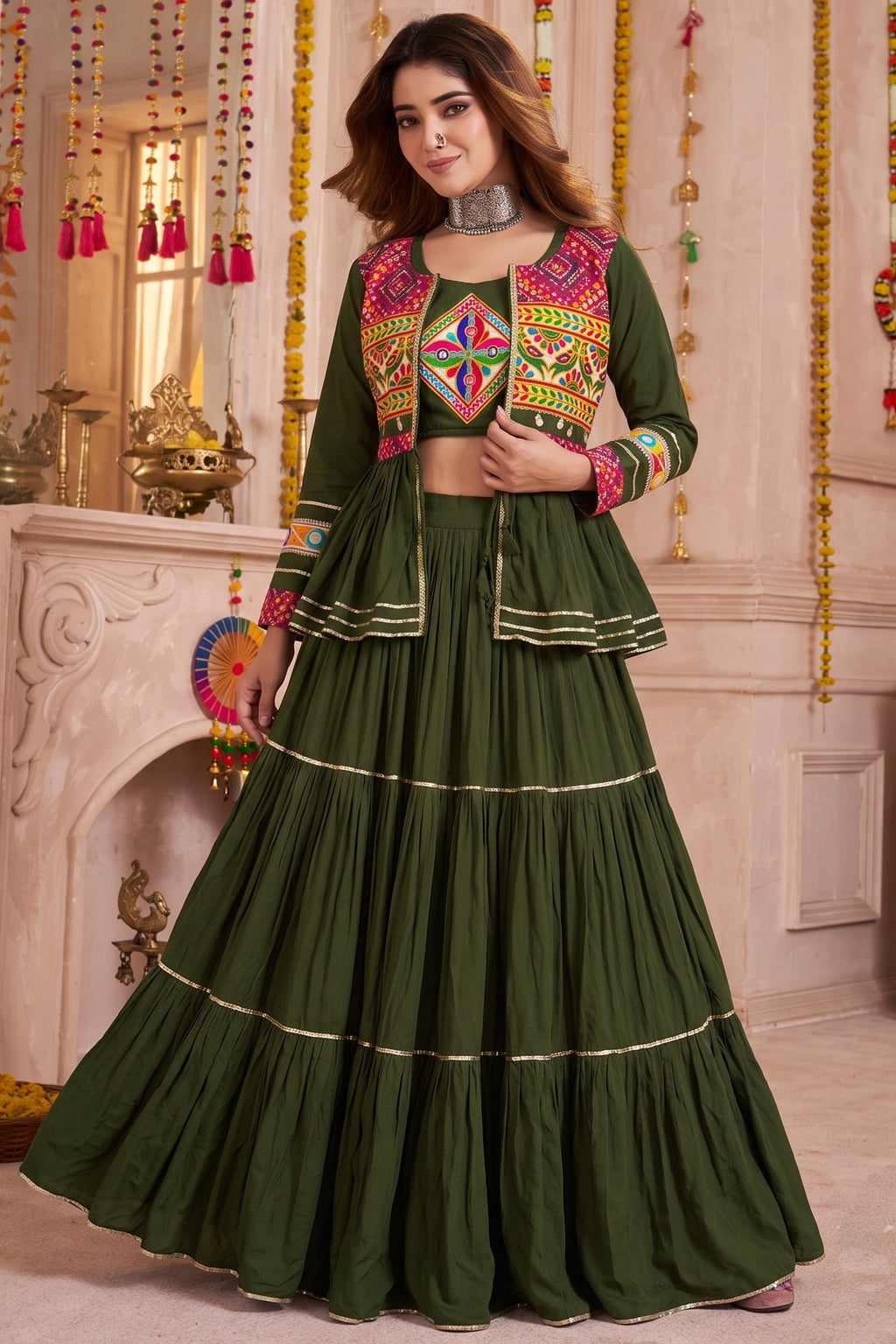 Dark Olive Green Cotton Kachchi Work Peplum Style Flared Lehenga