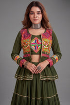 Dark Olive Green Cotton Kachchi Work Peplum Style Flared Lehenga