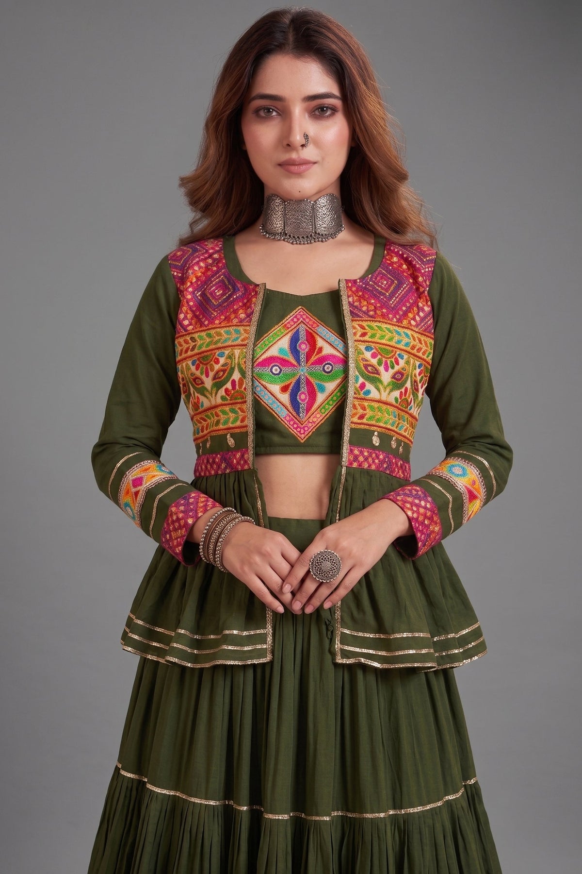 Dark Olive Green Cotton Kachchi Work Peplum Style Flared Lehenga
