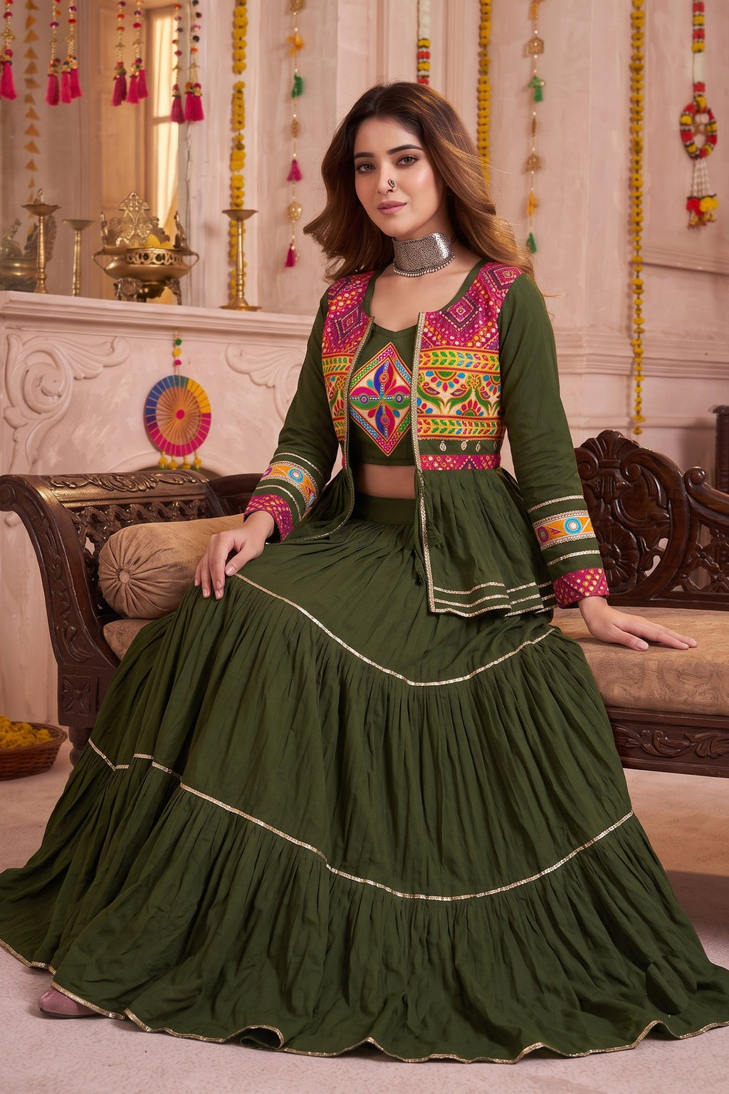 Dark Olive Green Cotton Kachchi Work Peplum Style Flared Lehenga