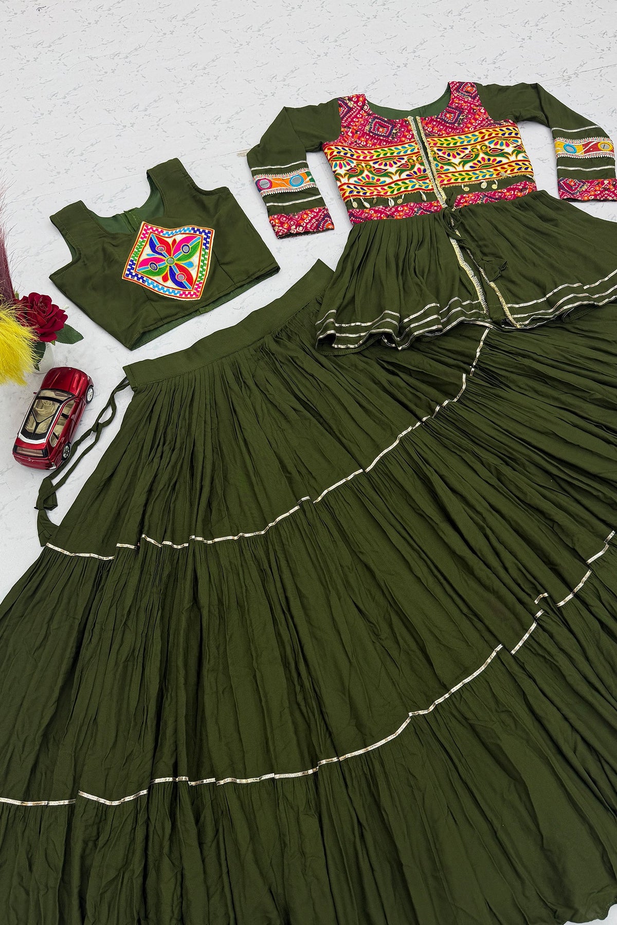Dark Olive Green Cotton Kachchi Work Peplum Style Flared Lehenga