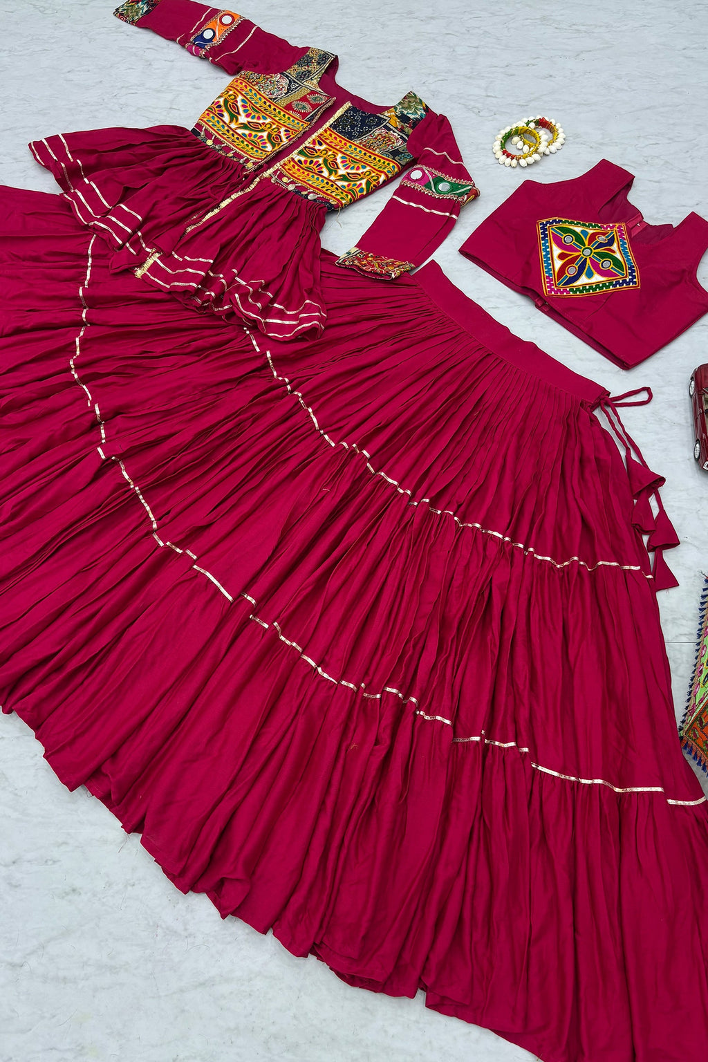 Pink Cotton Kachchi Work Peplum Style Flared Lehenga