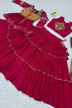Pink Cotton Kachchi Work Peplum Style Flared Lehenga