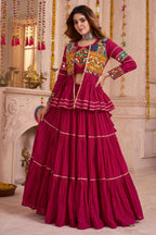 Pink Cotton Kachchi Work Peplum Style Flared Lehenga