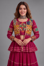Pink Cotton Kachchi Work Peplum Style Flared Lehenga