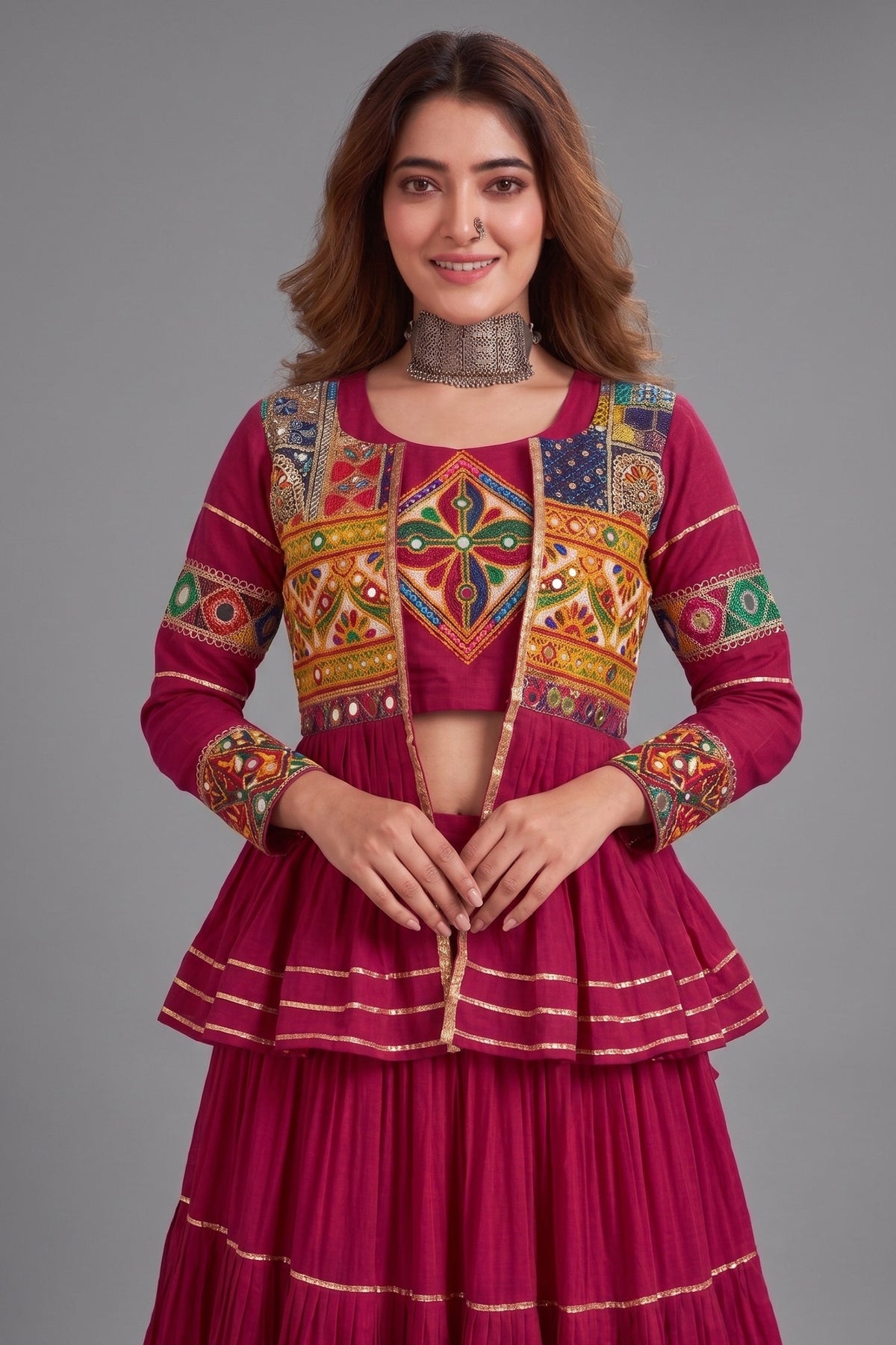 Pink Cotton Kachchi Work Peplum Style Flared Lehenga