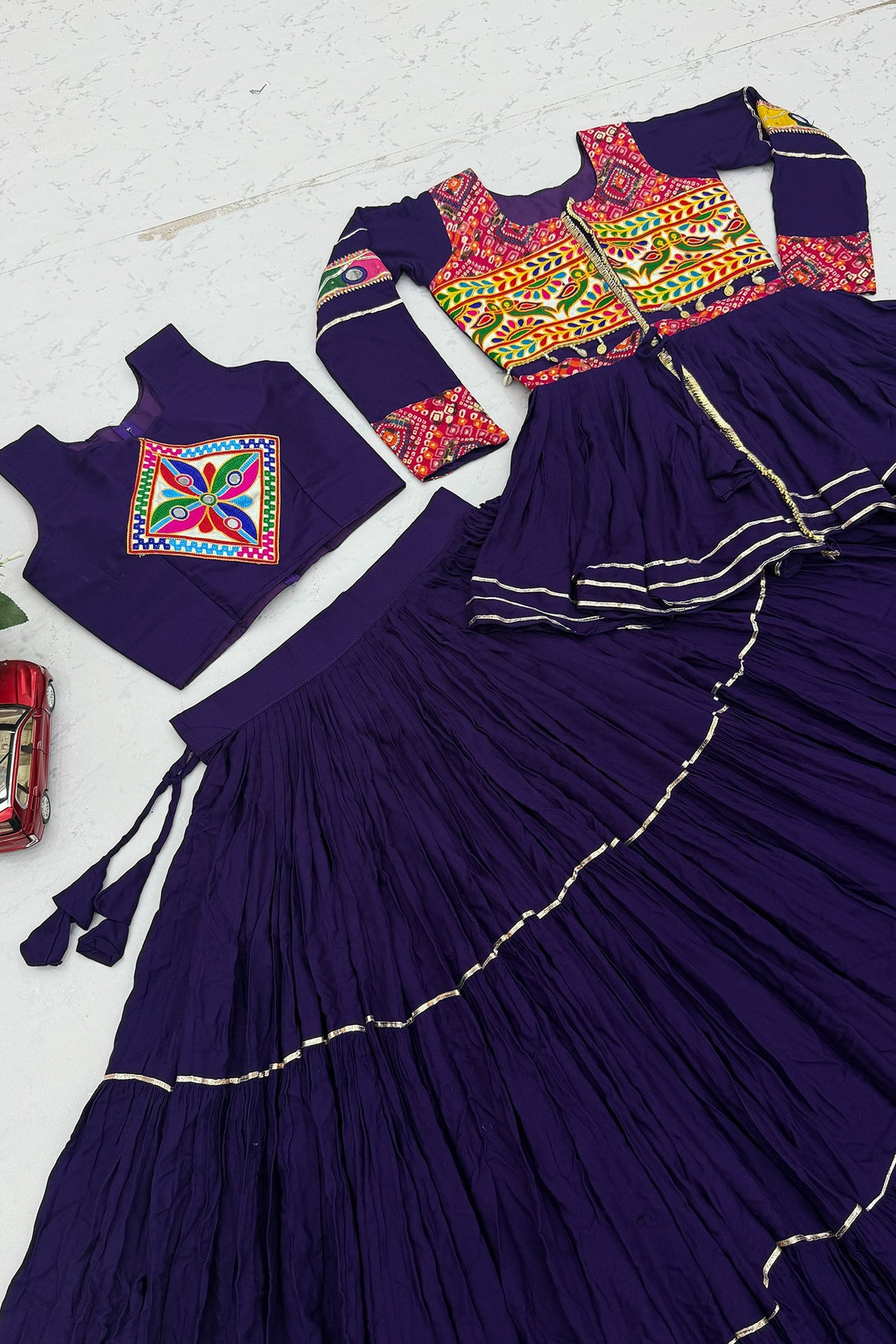Purple Cotton Kachchi Work Peplum Style Flared Lehenga