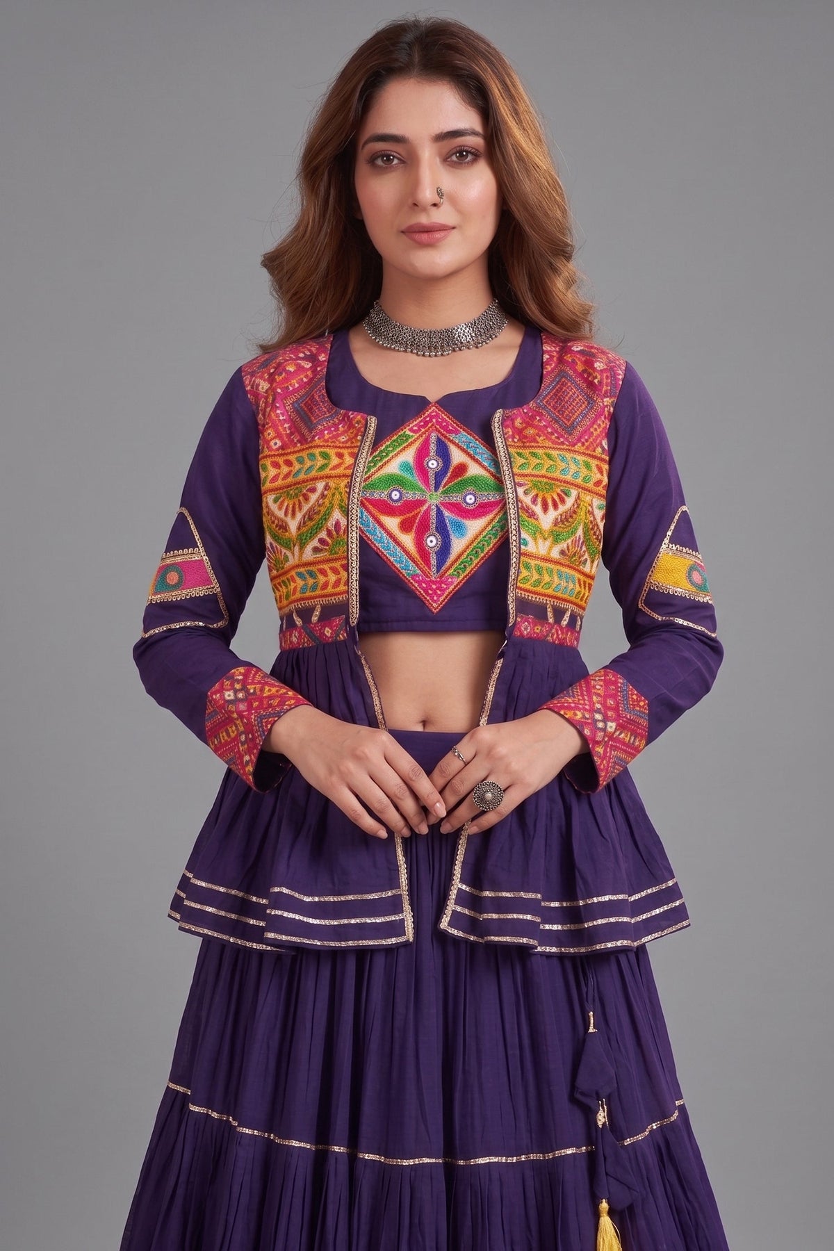 Purple Cotton Kachchi Work Peplum Style Flared Lehenga