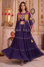 Purple Cotton Kachchi Work Peplum Style Flared Lehenga