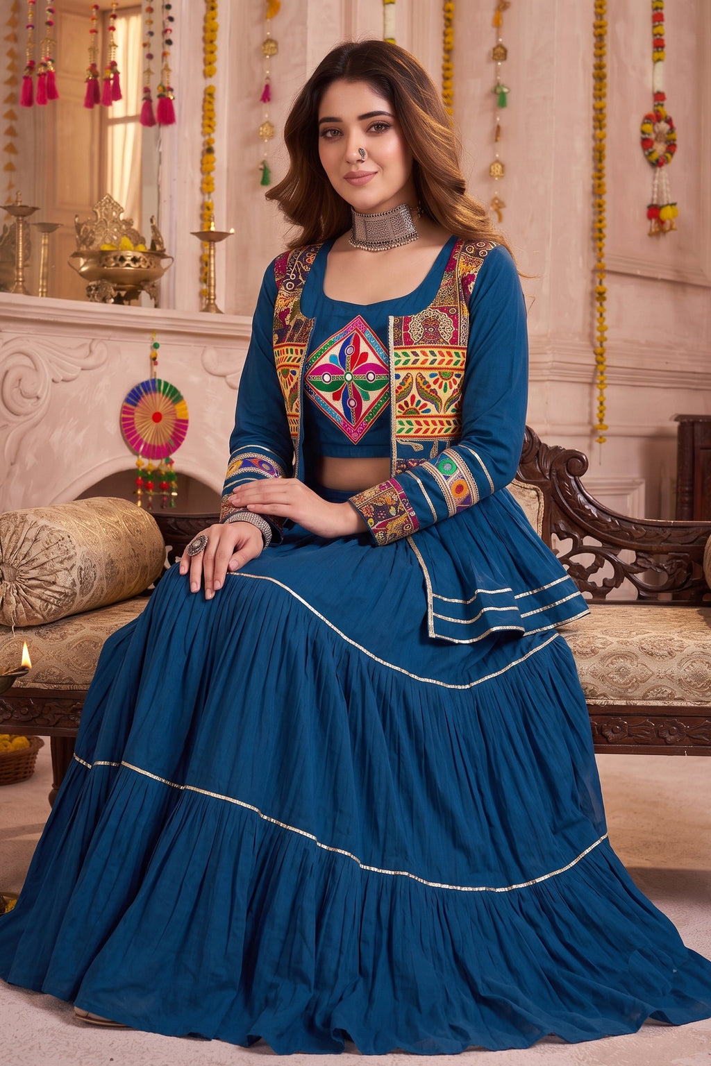 Teal Blue Cotton Kachchi Work Peplum Style Flared Lehenga