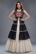 Cream and Black Cotton Leheriya Printed and Kachchi Work Lehenga