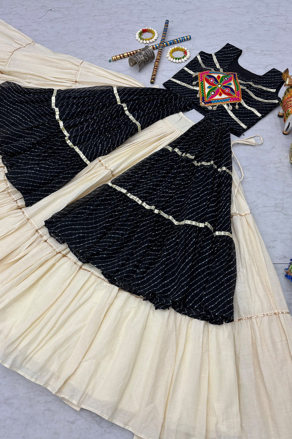 Cream and Black Cotton Leheriya Printed and Kachchi Work Lehenga