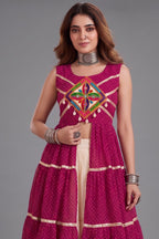Cream and Pink Cotton Leheriya Printed and Kachchi Work Lehenga