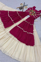 Cream and Pink Cotton Leheriya Printed and Kachchi Work Lehenga
