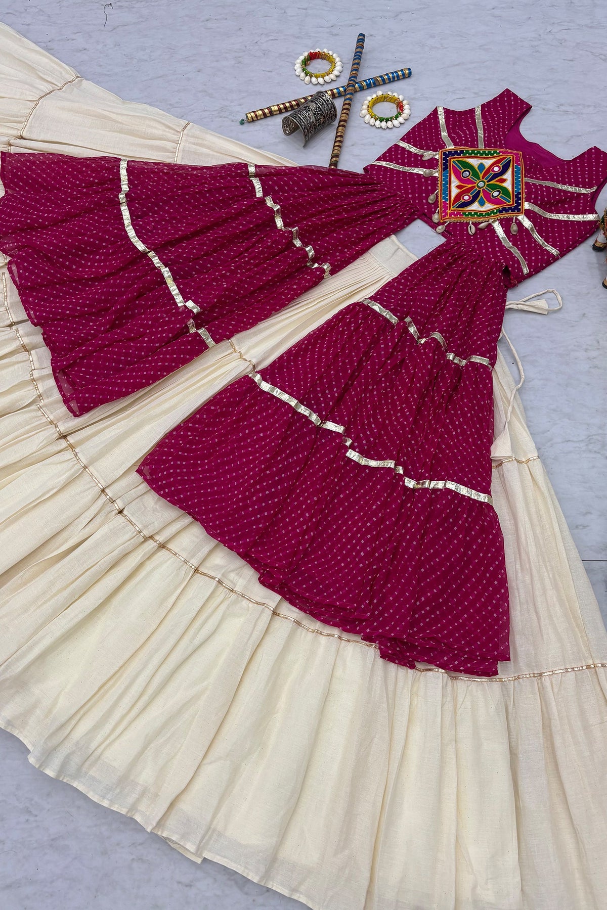 Cream and Pink Cotton Leheriya Printed and Kachchi Work Lehenga