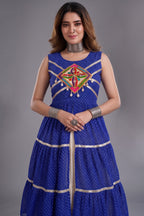 Cream and Blue Cotton Leheriya Printed and Kachchi Work Lehenga
