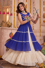 Cream and Blue Cotton Leheriya Printed and Kachchi Work Lehenga