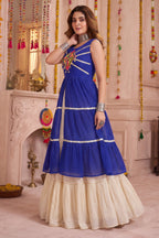 Cream and Blue Cotton Leheriya Printed and Kachchi Work Lehenga