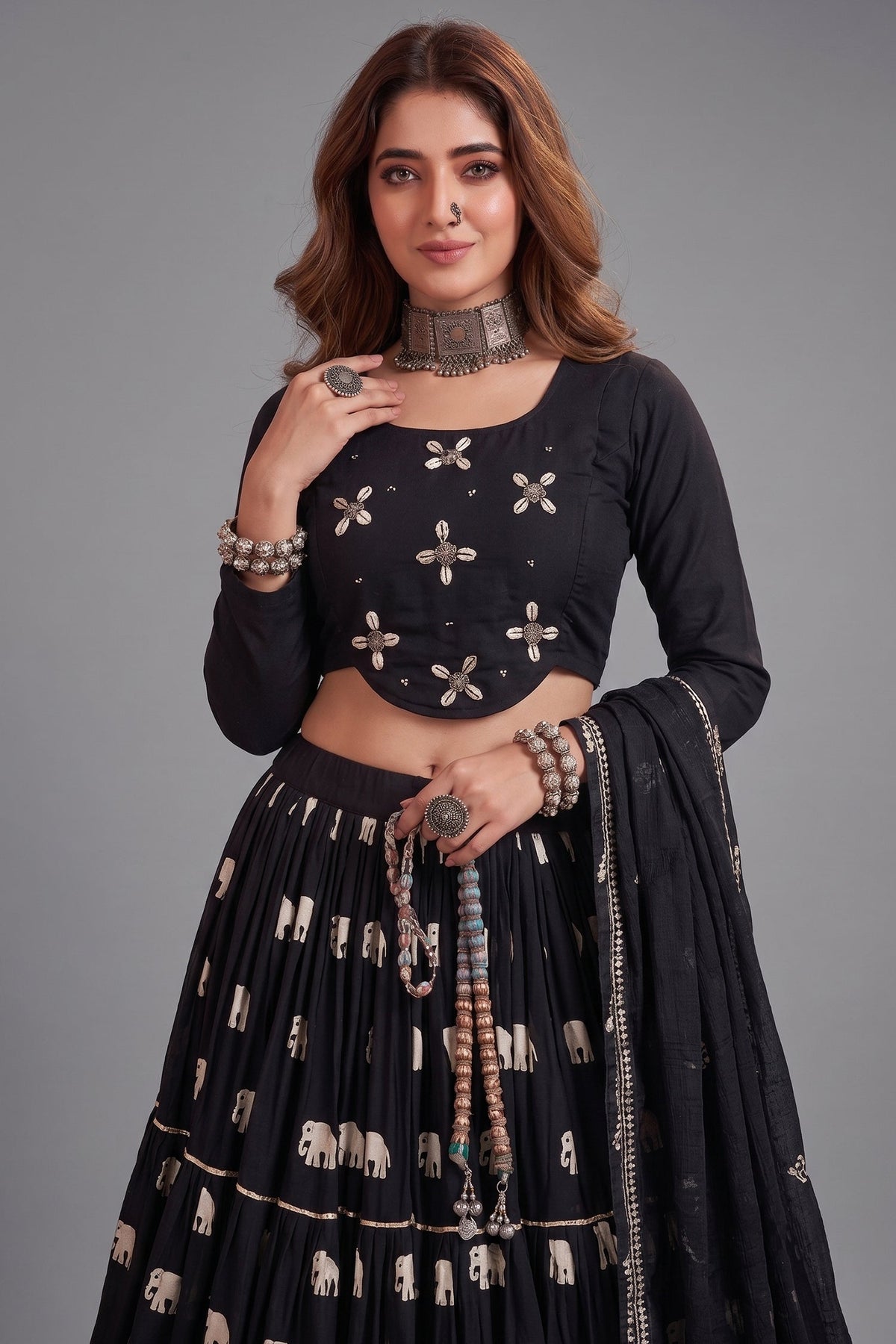 Black Cotton Elephant Printed Lehenga with Shell Detailing Blouse