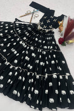 Black Cotton Elephant Printed Lehenga with Shell Detailing Blouse