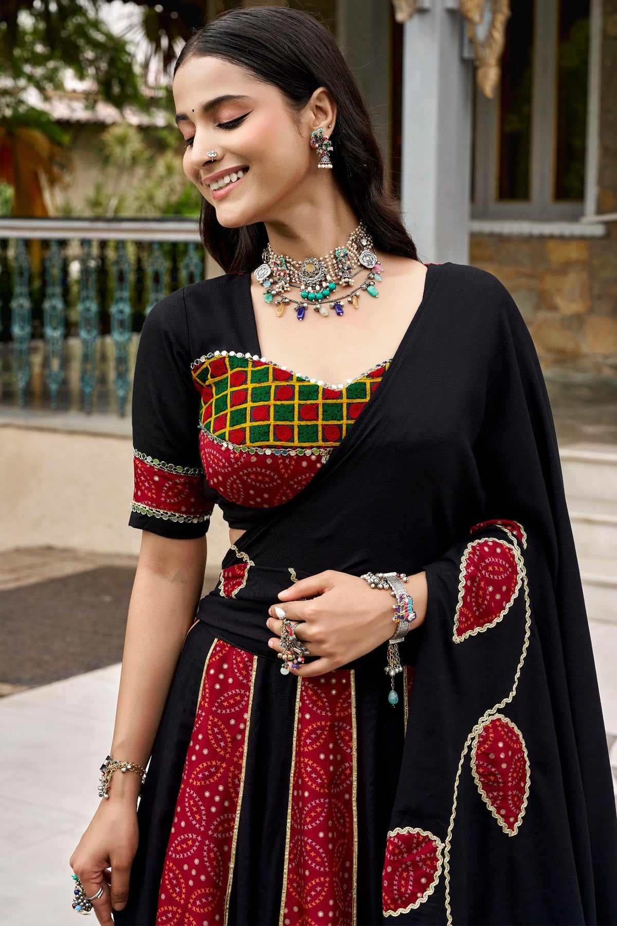 Black and Red Rayon Printed Chaniya Choli