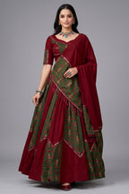 Maroon and Green Rayon Printed Chaniya Choli