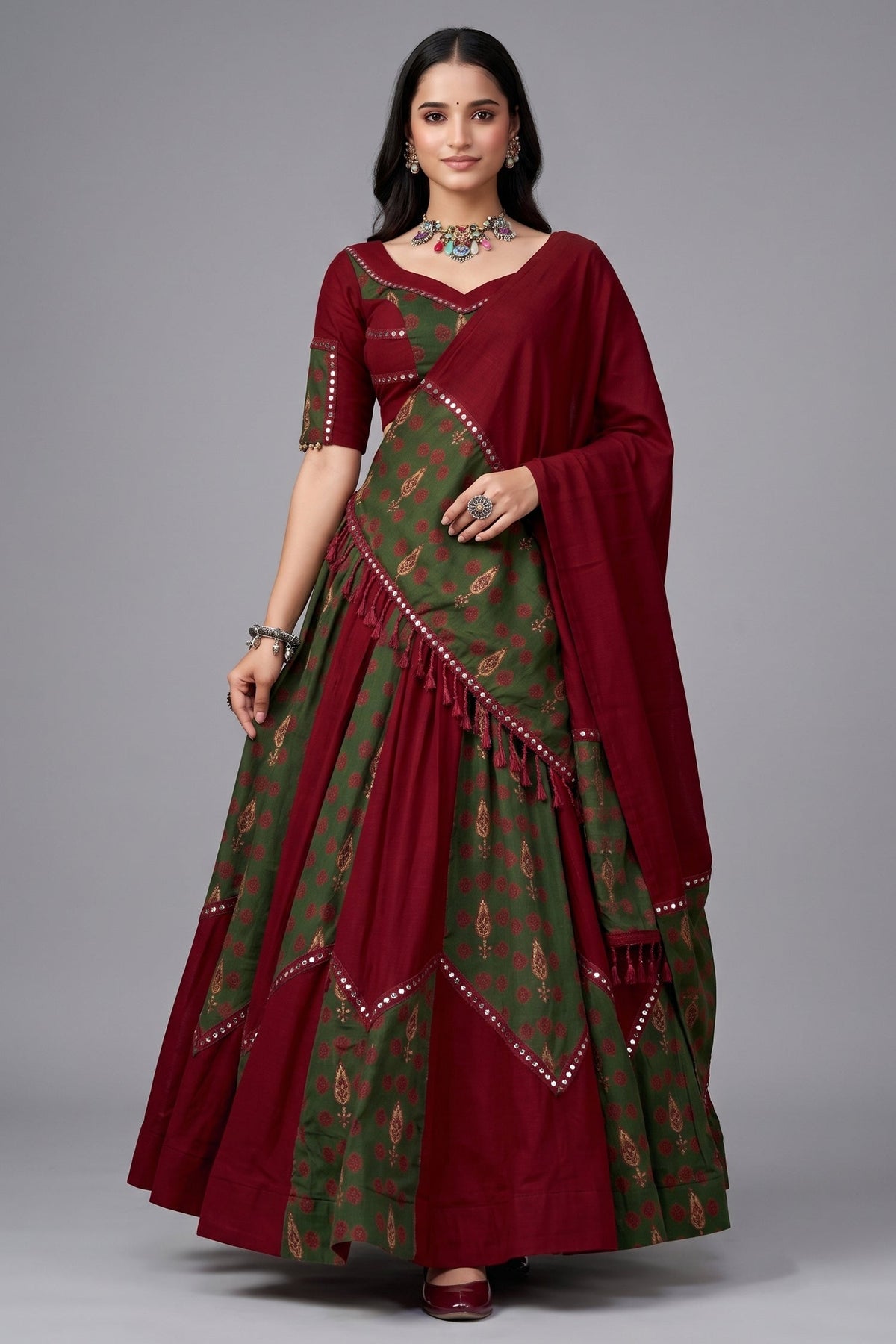 Maroon and Green Rayon Printed Chaniya Choli