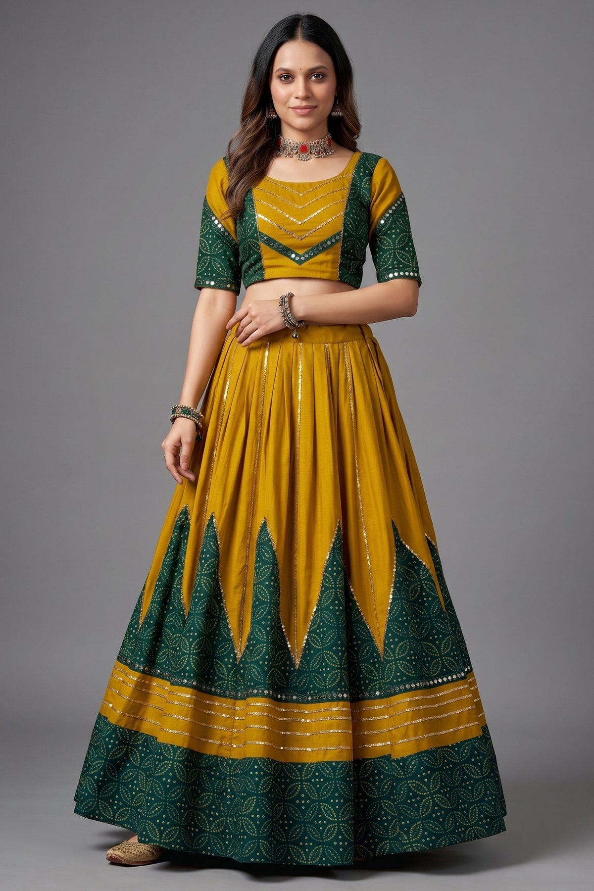 Mustard and Green Rayon Printed Chaniya Choli