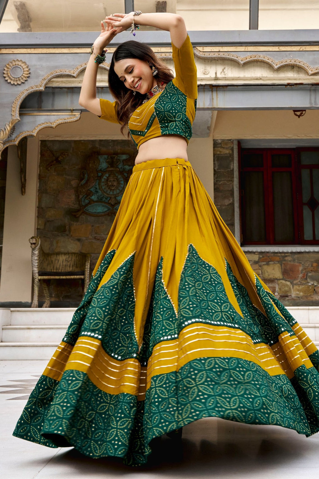 Mustard and Green Rayon Printed Chaniya Choli