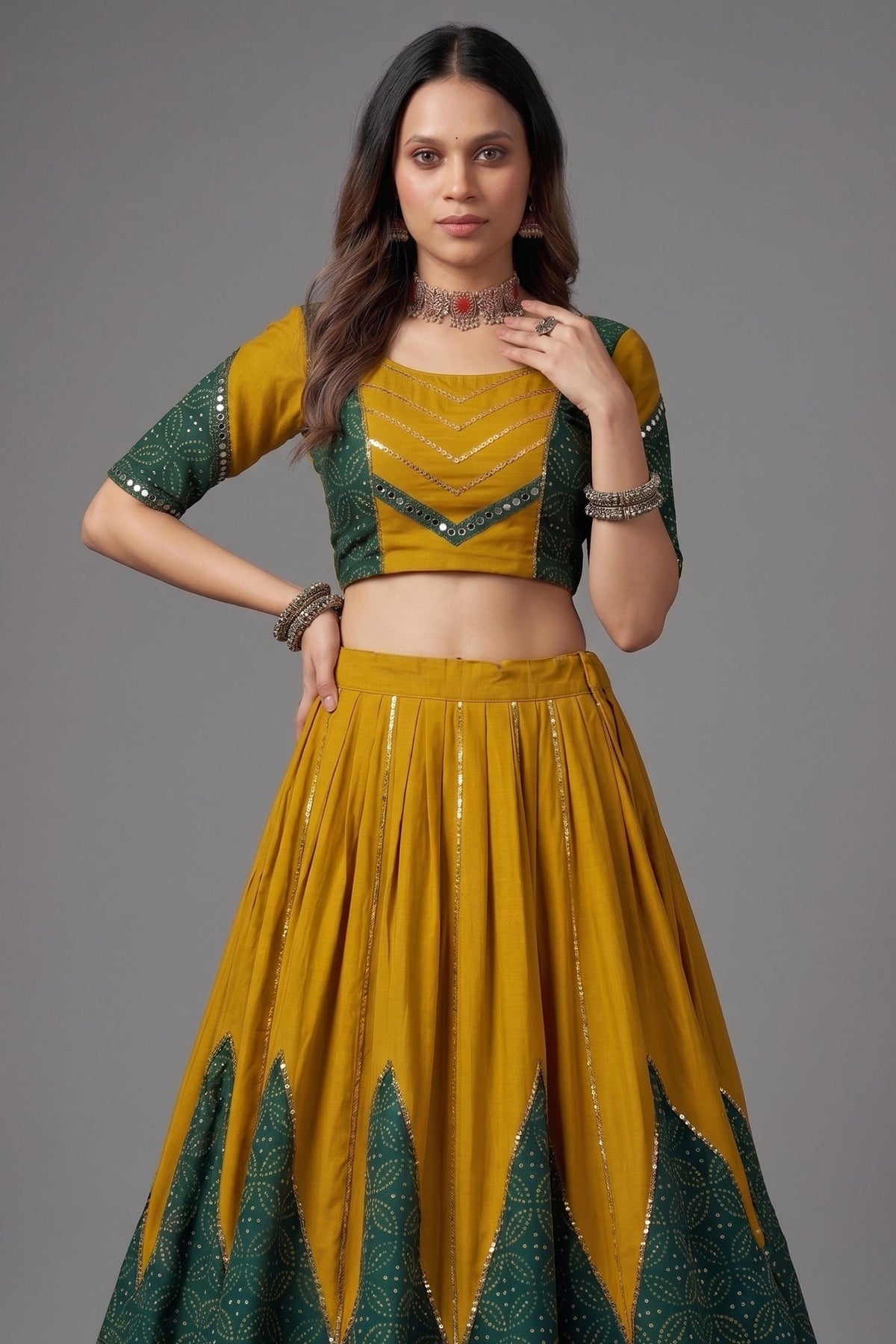 Mustard and Green Rayon Printed Chaniya Choli