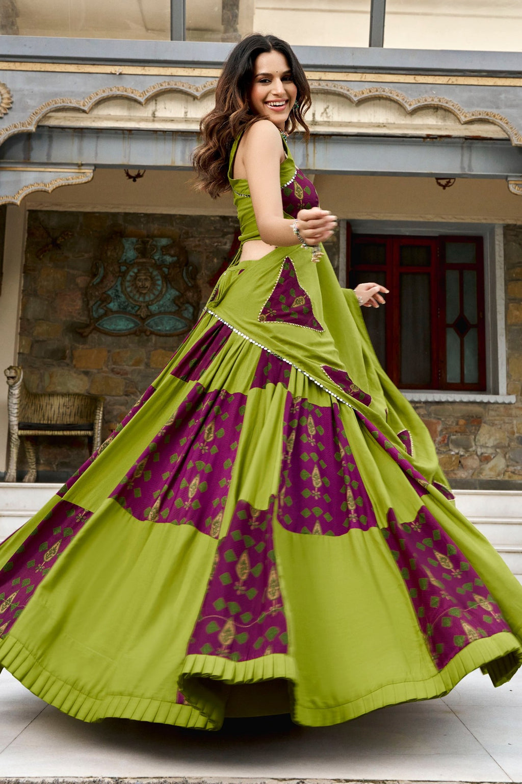 Green and Maroon Rayon Printed Chaniya Choli