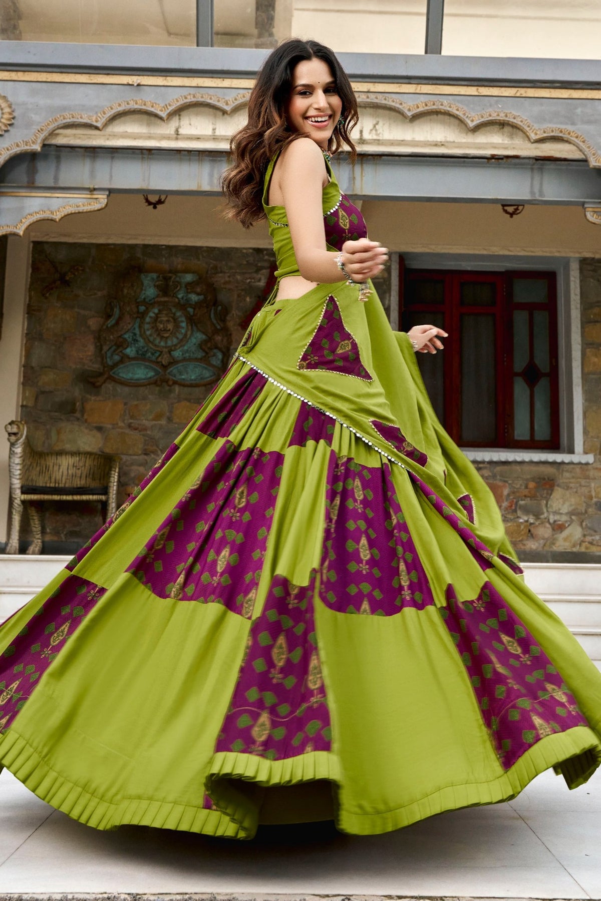 Green and Maroon Rayon Printed Chaniya Choli