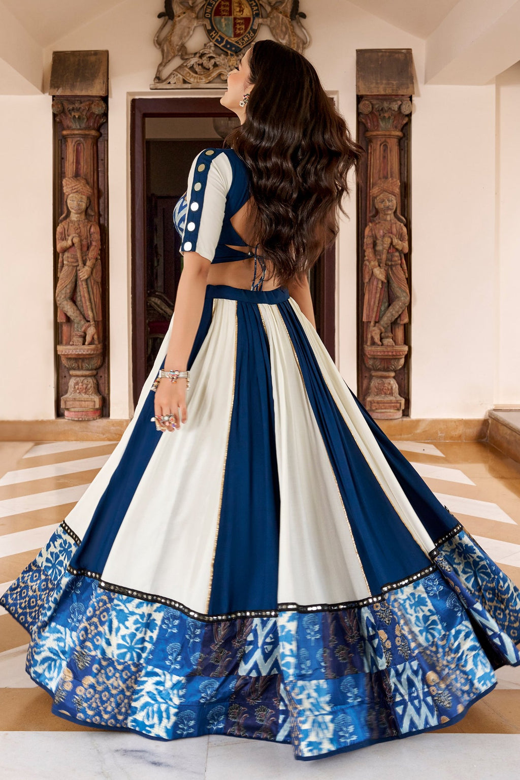 Off White and Blue Rayon Printed Chaniya Choli