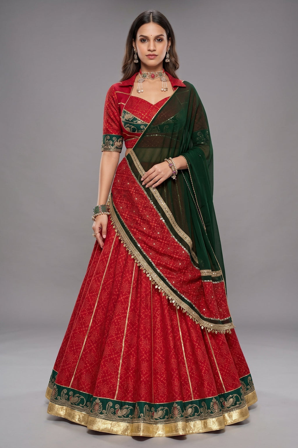 Red Georgette Printed Flared Chaniya Choli