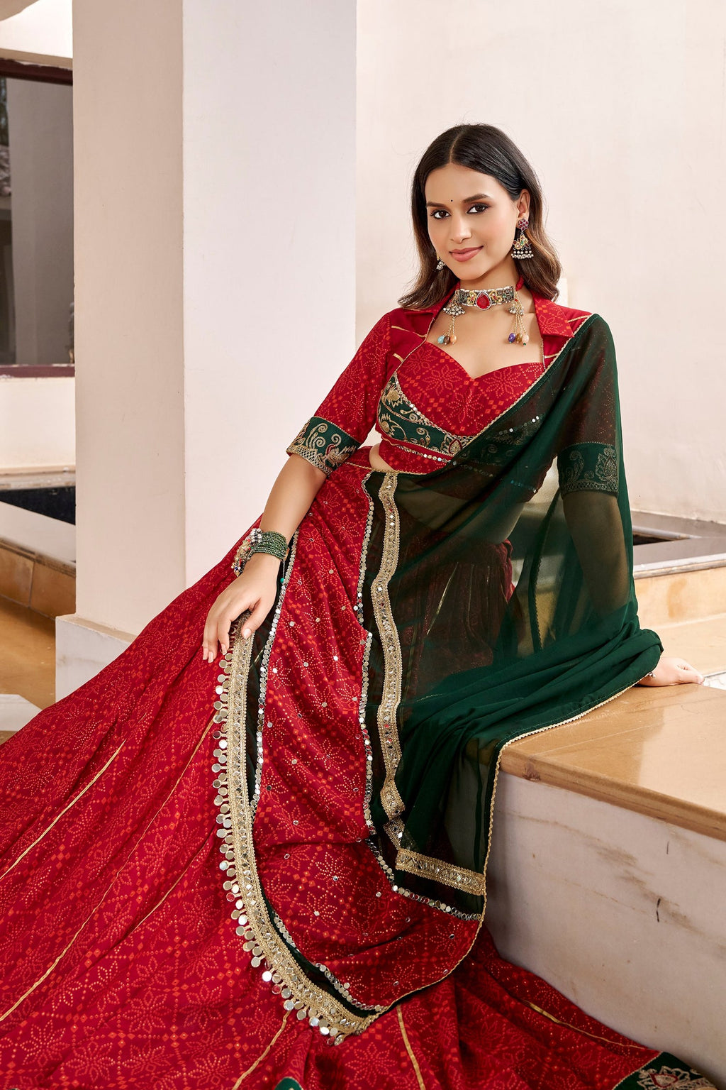 Red Georgette Printed Flared Chaniya Choli