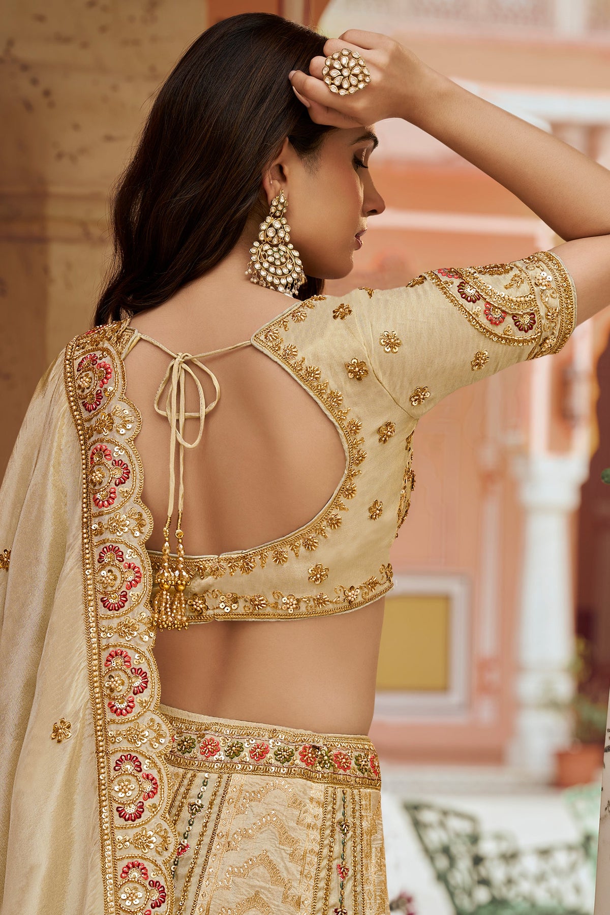 Cream Heavy Khatli Work Banarasi Silk Lehenga Choli