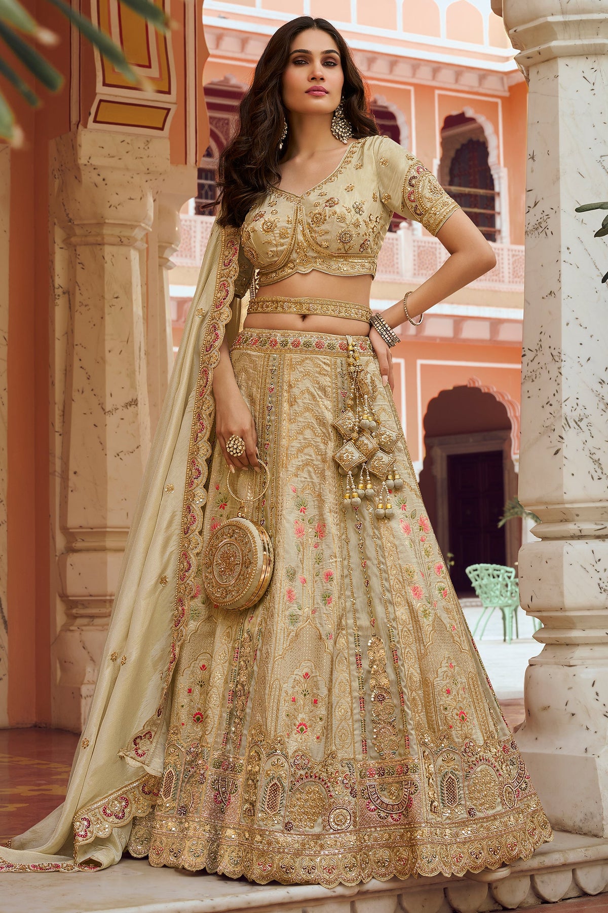 Cream Heavy Khatli Work Banarasi Silk Lehenga Choli