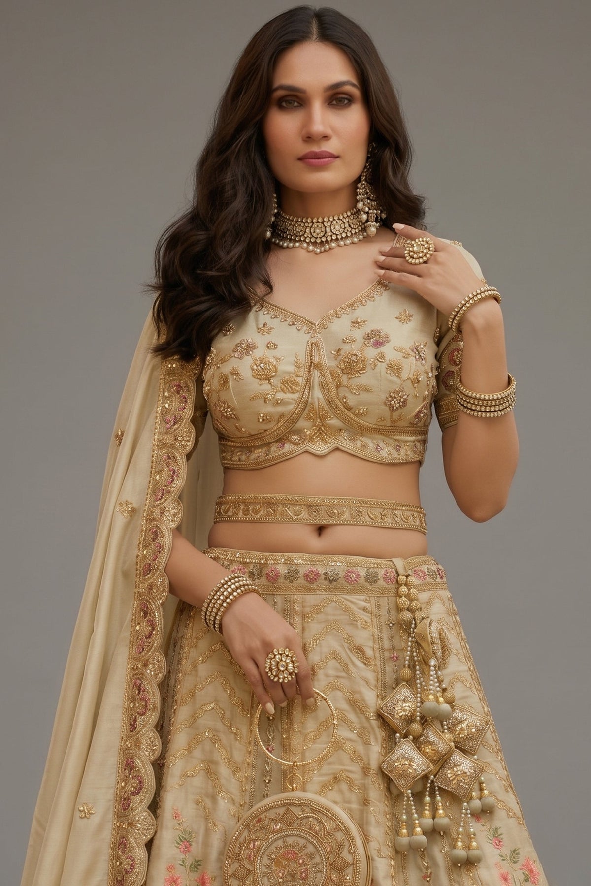 Cream Heavy Khatli Work Banarasi Silk Lehenga Choli