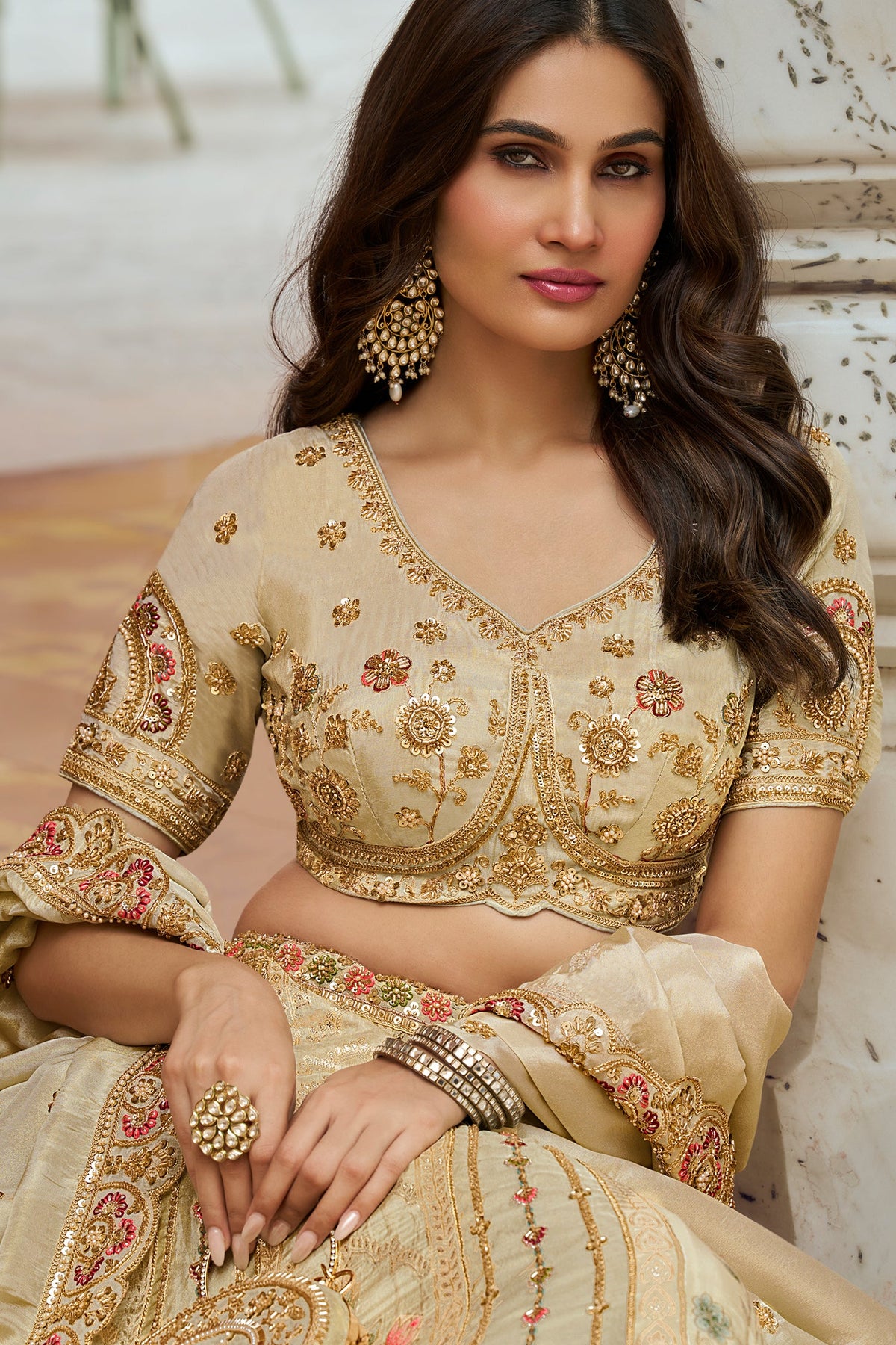 Cream Heavy Khatli Work Banarasi Silk Lehenga Choli