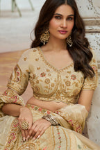 Cream Heavy Khatli Work Banarasi Silk Lehenga Choli