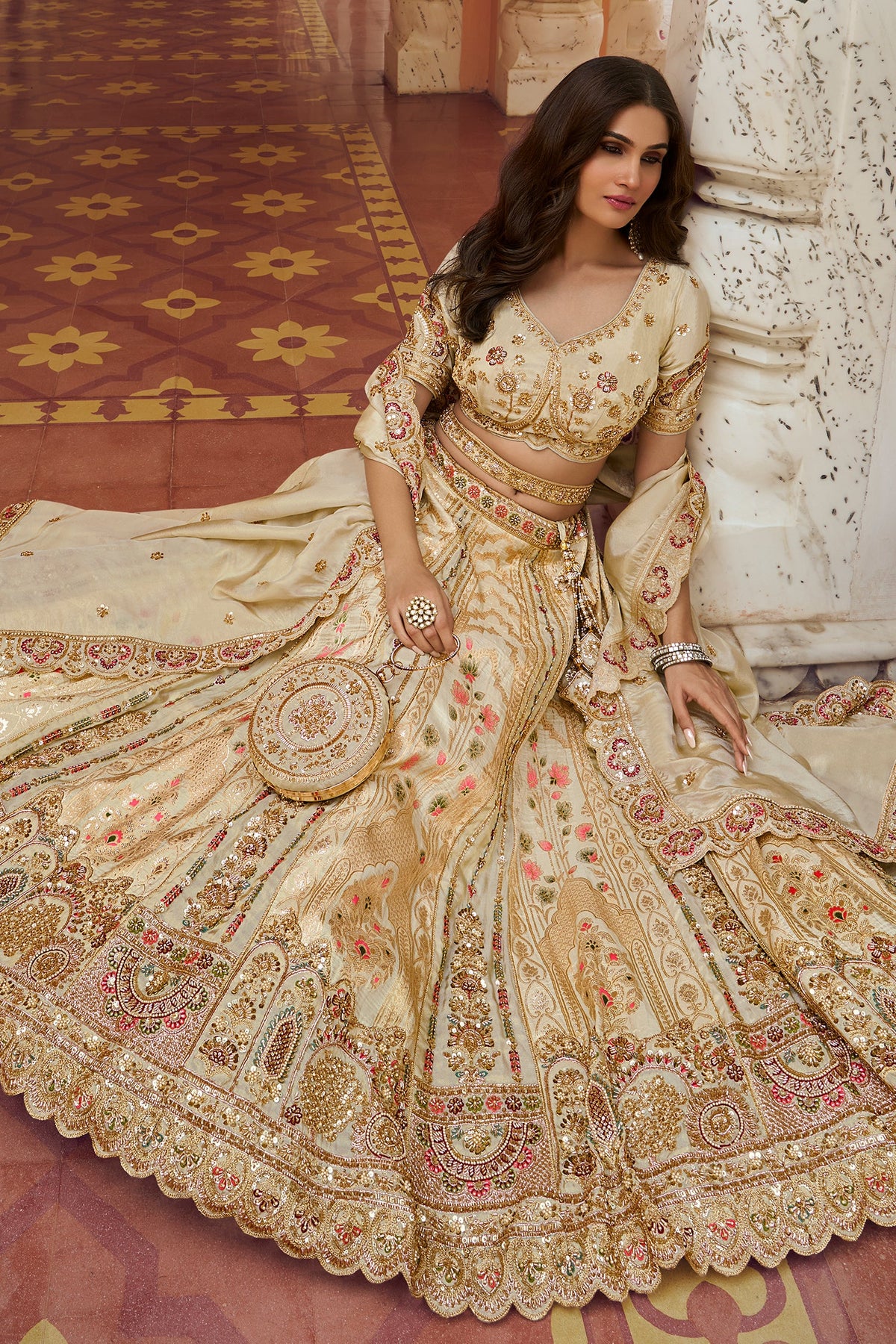 Cream Heavy Khatli Work Banarasi Silk Lehenga Choli