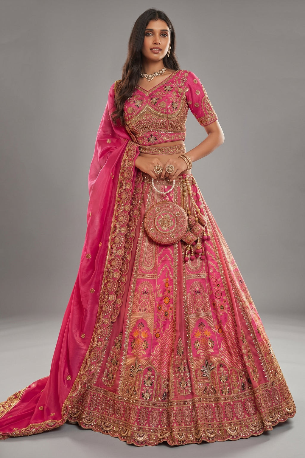 Rani Pink Heavy Banarasi Silk Lehenga with Heavy Embroidery